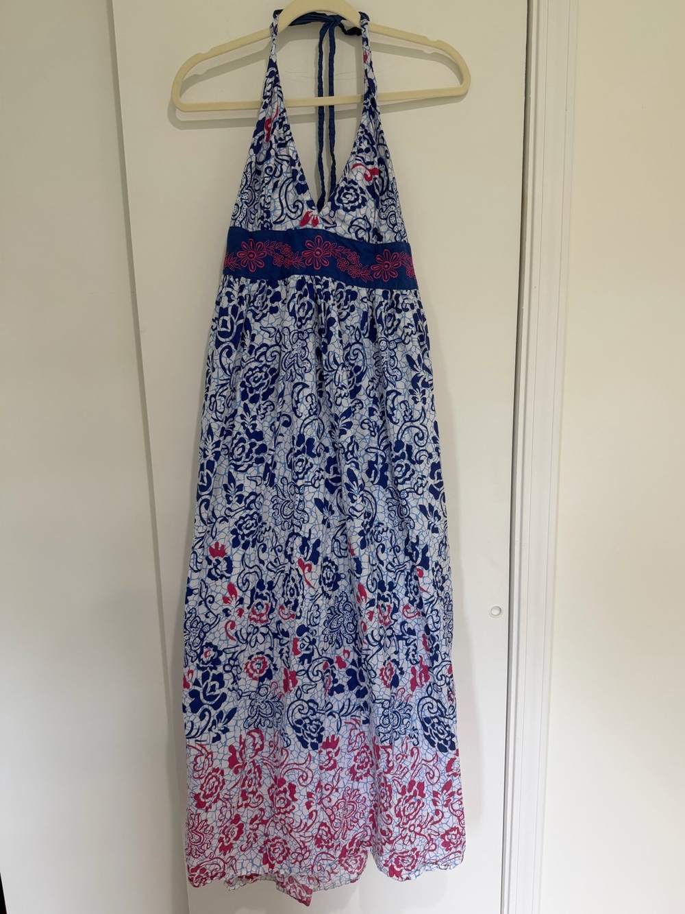100% Cotton Boho Floral Halter Maxi Dress Fits Like XL Smocked